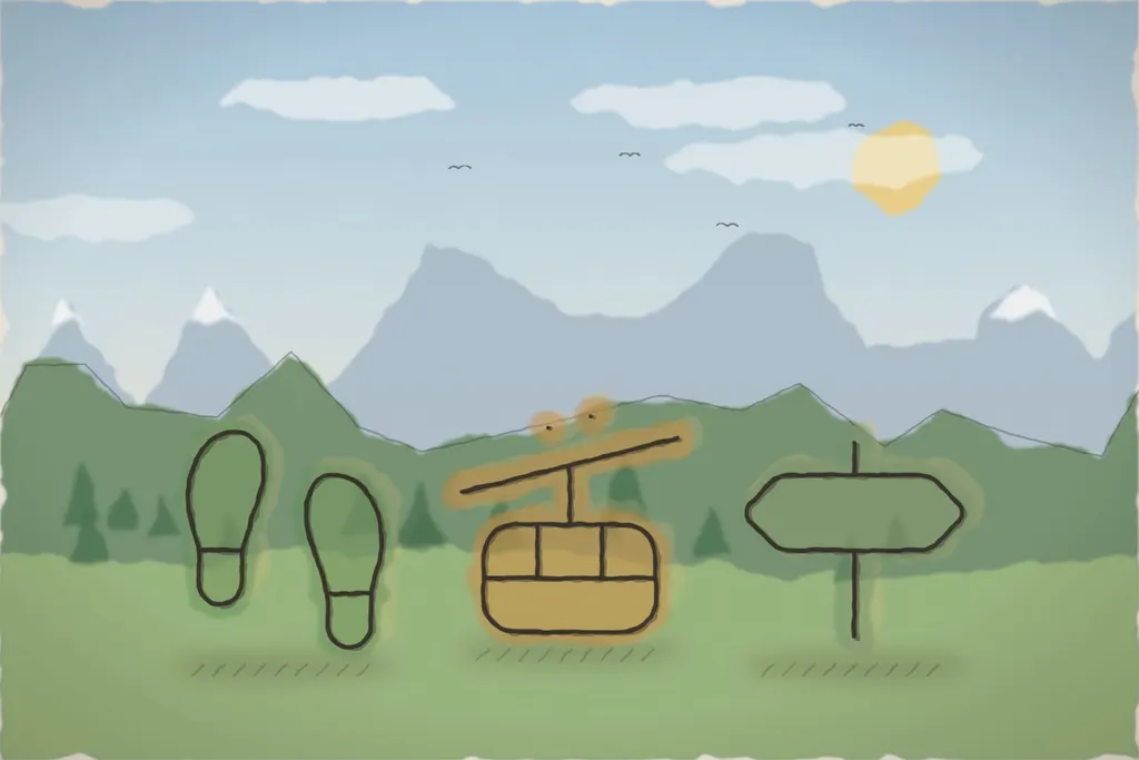 Poteca pe Jepii Mici, cu telecabina în zare (ilustrație)